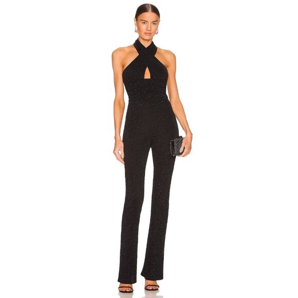 Camila Coelho Emery Jumpsuit Black Halter Tie Glitter